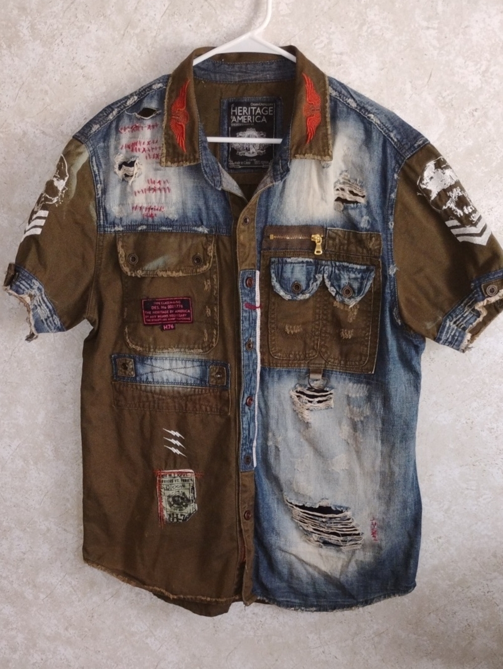 The Heritage By America Men's Distressed/ PatchWork/ Denium / Military Shirt/ XL